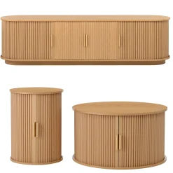 3 Piece Fluted Teak TV Stand & Coffee Table Set with Storage