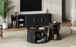 3 Piece Fluted Teak TV Stand & Coffee Table Set with Storage