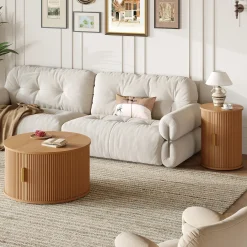 3 Piece Fluted Teak TV Stand & Coffee Table Set with Storage