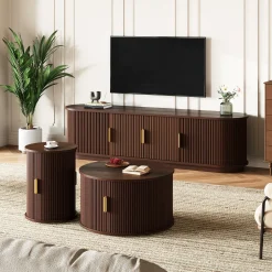 3 Piece Fluted Teak TV Stand & Coffee Table Set with Storage