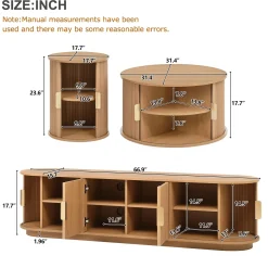 3 Piece Fluted Teak TV Stand & Coffee Table Set with Storage