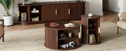 3 Piece Fluted Teak TV Stand & Coffee Table Set with Storage