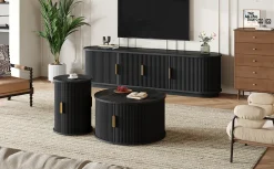 3 Piece Fluted Teak TV Stand & Coffee Table Set with Storage