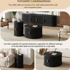 3 Piece Fluted Teak TV Stand & Coffee Table Set with Storage