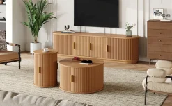 3 Piece Fluted Teak TV Stand & Coffee Table Set with Storage