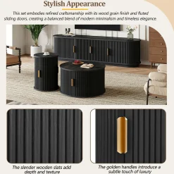 3 Piece Fluted Teak TV Stand & Coffee Table Set with Storage