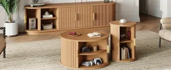 3 Piece Fluted Teak TV Stand & Coffee Table Set with Storage