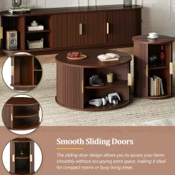 3 Piece Fluted Teak TV Stand & Coffee Table Set with Storage