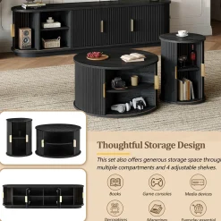 3 Piece Fluted Teak TV Stand & Coffee Table Set with Storage