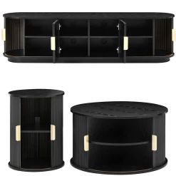 3 Piece Fluted Teak TV Stand & Coffee Table Set with Storage