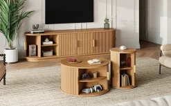 3 Piece Fluted Teak TV Stand & Coffee Table Set with Storage