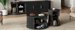 3 Piece Fluted Teak TV Stand & Coffee Table Set with Storage