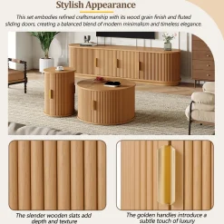 3 Piece Fluted Teak TV Stand & Coffee Table Set with Storage