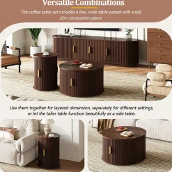 3 Piece Fluted Teak TV Stand & Coffee Table Set with Storage