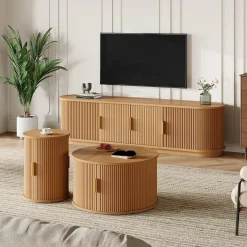 3 Piece Fluted Teak TV Stand & Coffee Table Set with Storage