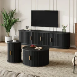 3 Piece Fluted Teak TV Stand & Coffee Table Set with Storage