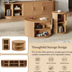 3 Piece Fluted Teak TV Stand & Coffee Table Set with Storage