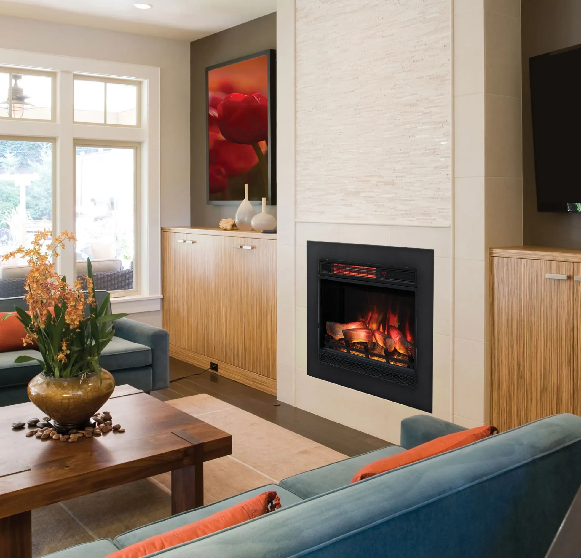 23" Recessed/Wall-Mount 3D Infrared Quartz Electric Fireplace Insert with Safer Plug® & Safer Sensor™ & Remote