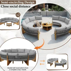 2 Semi-Circle 3-Piece Outdoor Sofa Set for 6 with Acacia Wood Coffee Table