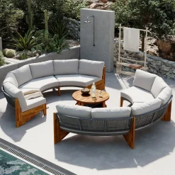 2 Semi-Circle 3-Piece Outdoor Sofa Set for 6 with Acacia Wood Coffee Table