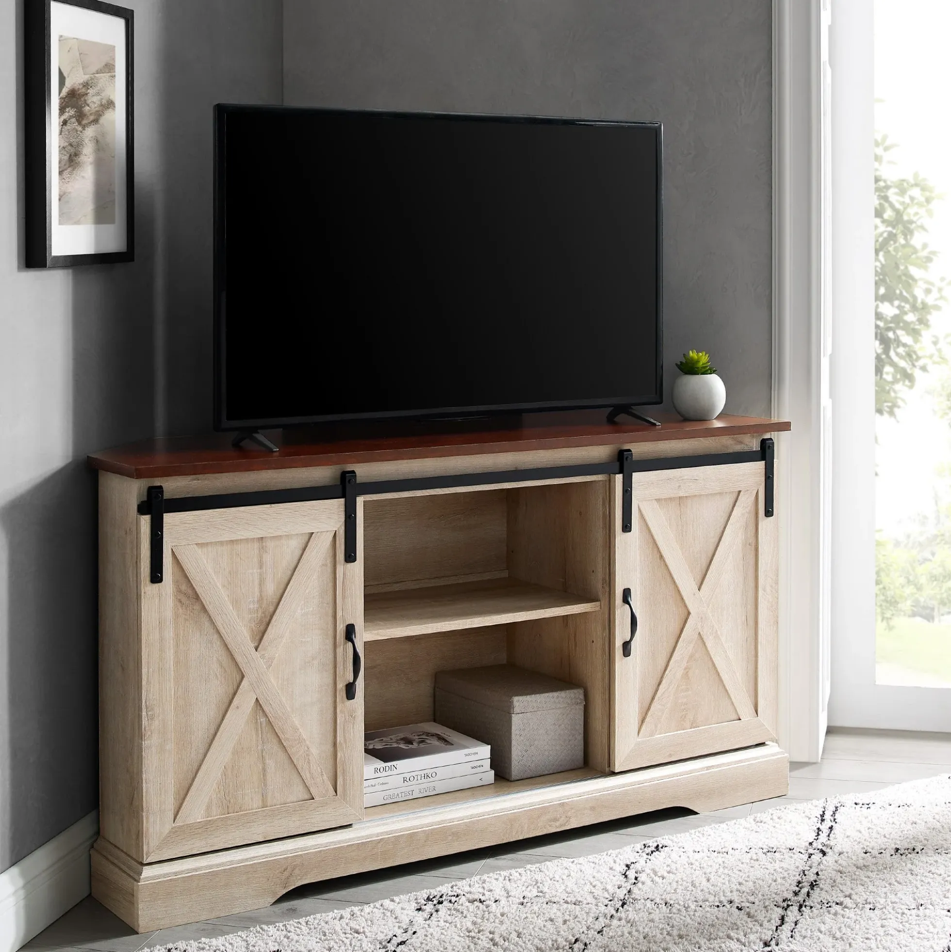 52" Sliding Barn Door Corner TV Stand