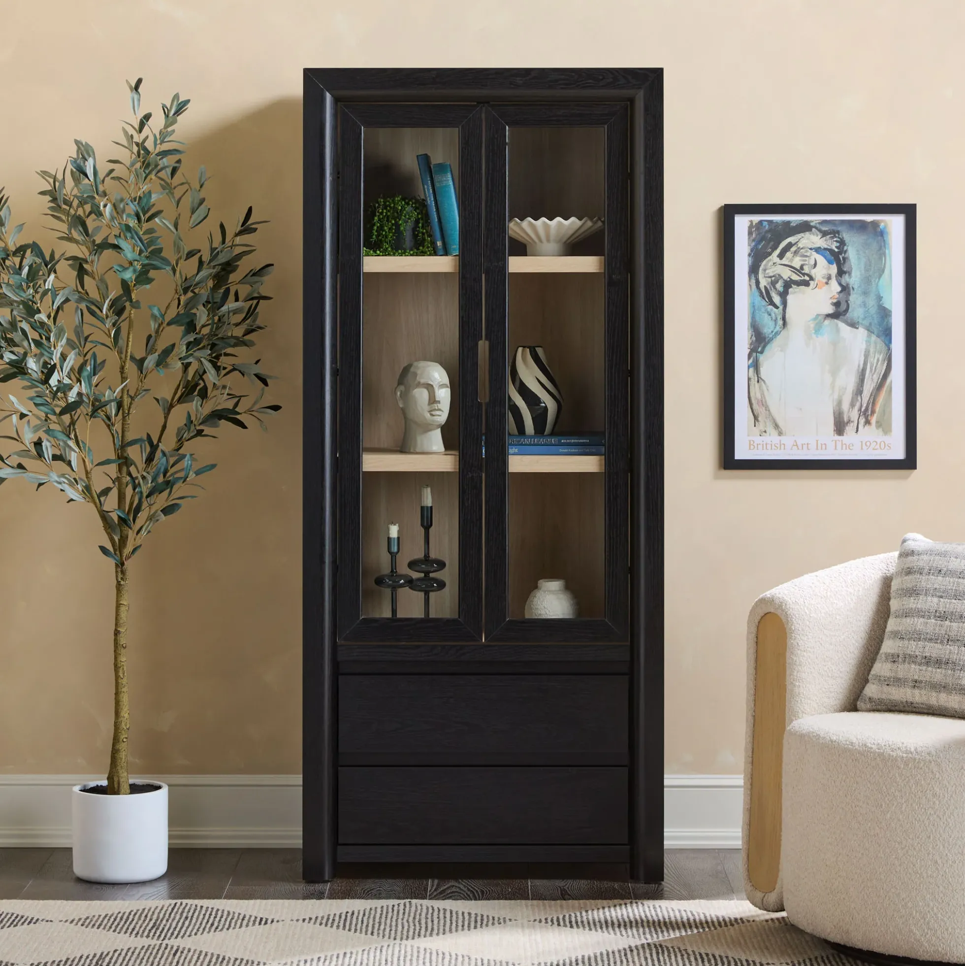 Amira Modern Wood Bookshelf with Glass Doors and Drawer Storage
