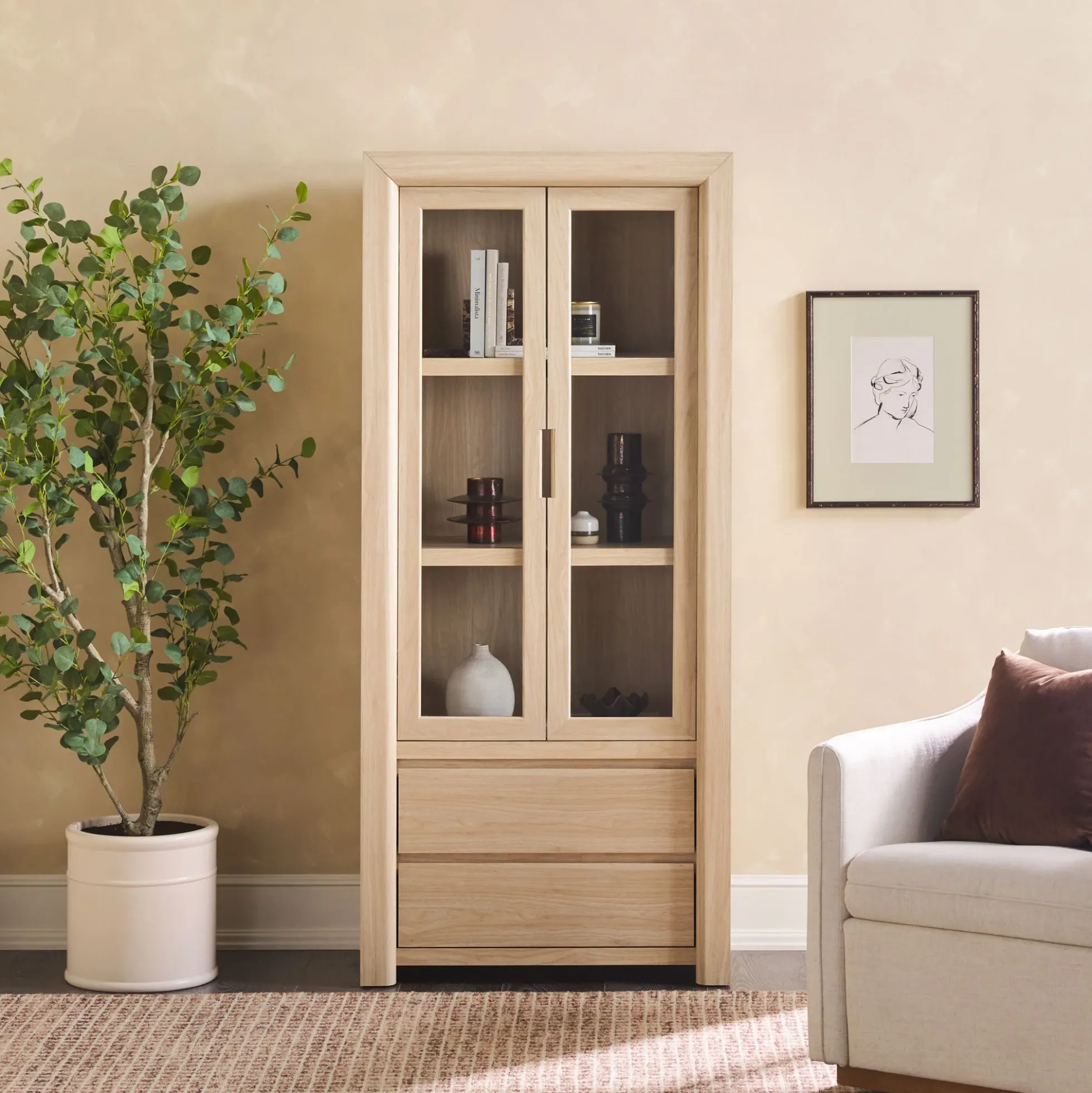 Amira Modern Wood Bookshelf with Glass Doors and Drawer Storage