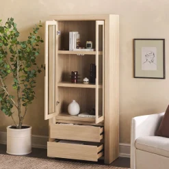 Amira Modern Wood Bookshelf with Glass Doors and Drawer Storage