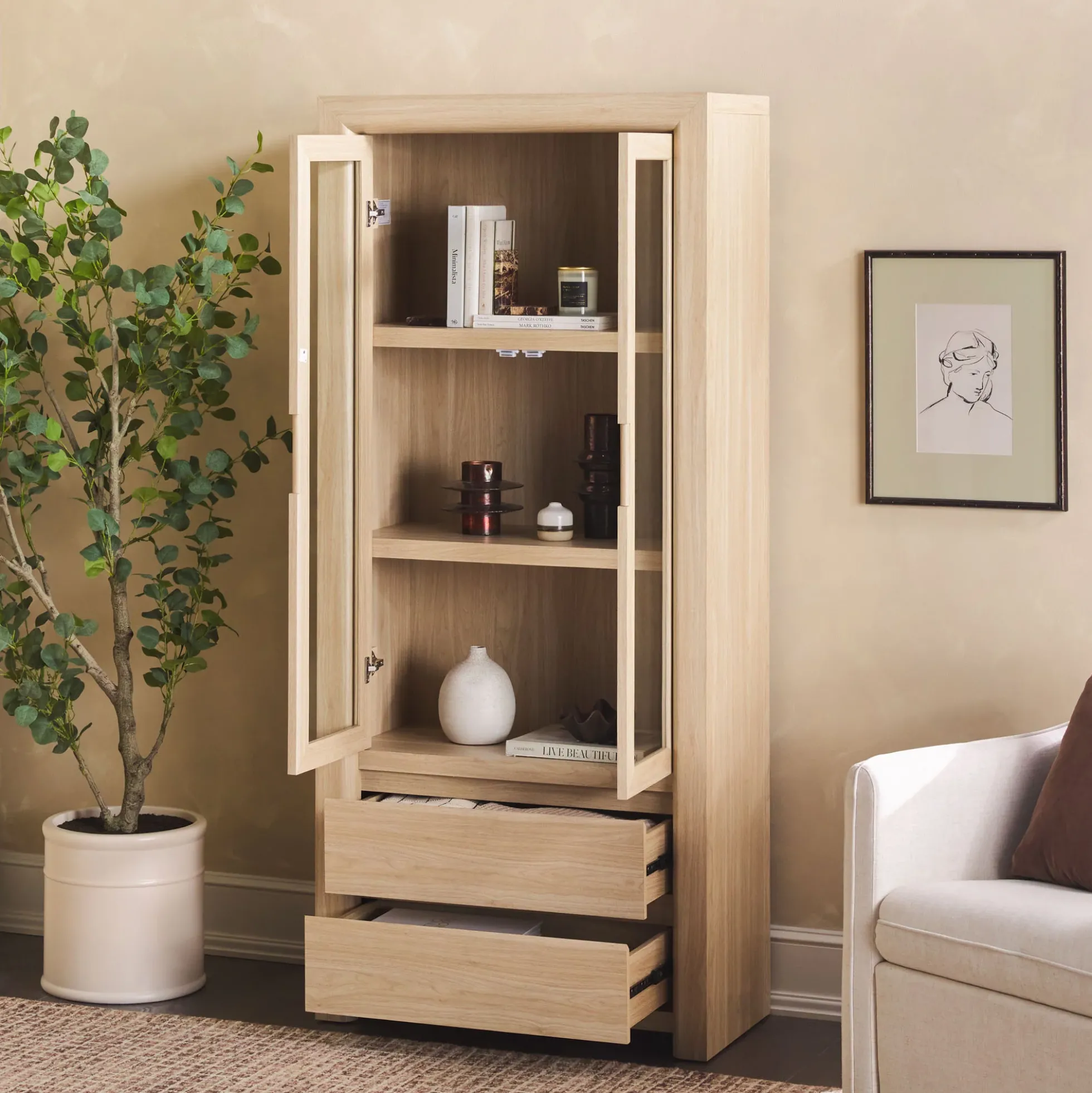 Amira Modern Wood Bookshelf with Glass Doors and Drawer Storage