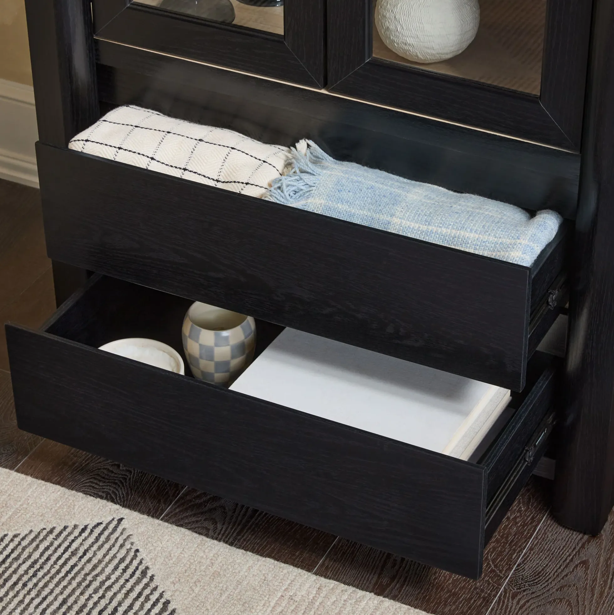 Amira Modern Wood Bookshelf with Glass Doors and Drawer Storage