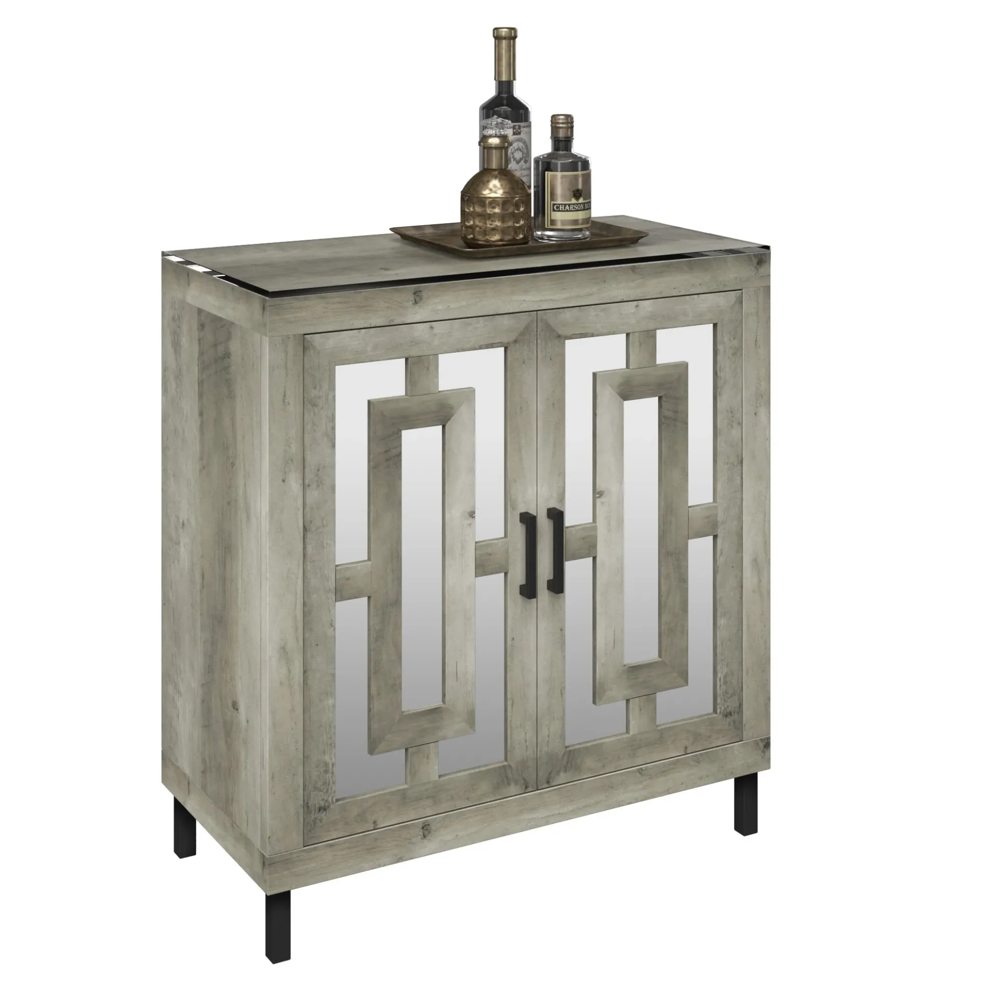 Antique Finish Mirrored Doors Entryway Accent Cabinet