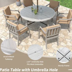 Antique Gray Acacia Wood Outdoor Dining Set 6-Person with Cushions
