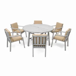 Antique Gray Acacia Wood Outdoor Dining Set 6-Person with Cushions