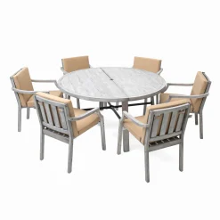 Antique Gray Acacia Wood Outdoor Dining Set 6-Person with Cushions