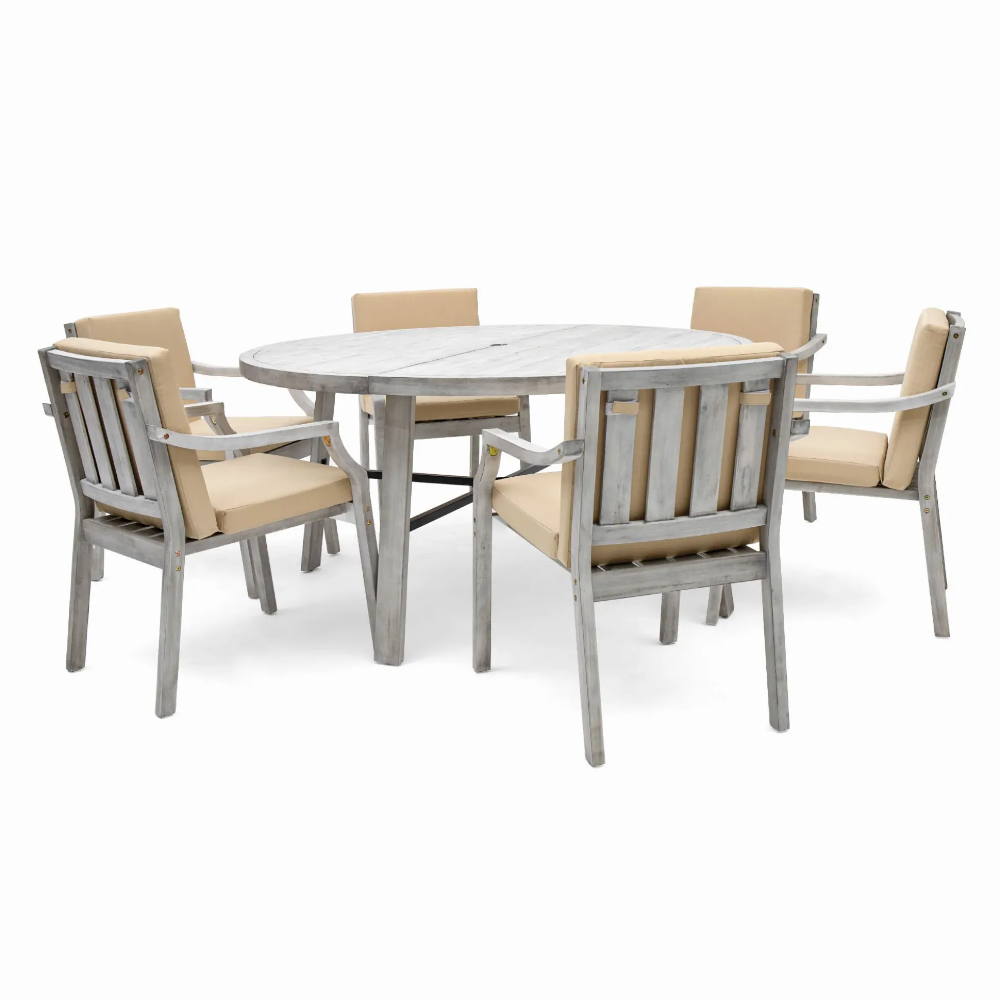 Antique Gray Acacia Wood Outdoor Dining Set 6-Person with Cushions