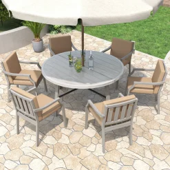 Antique Gray Acacia Wood Outdoor Dining Set 6-Person with Cushions