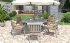 Antique Gray Acacia Wood Outdoor Dining Set 6-Person with Cushions