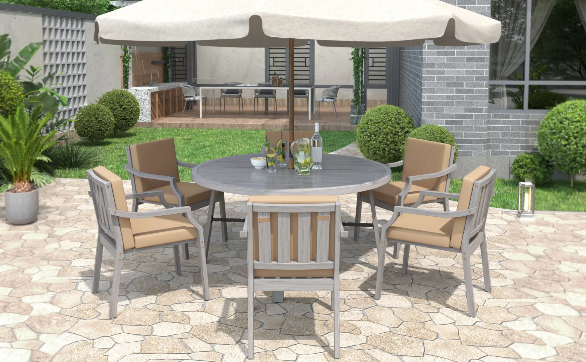 Antique Gray Acacia Wood Outdoor Dining Set 6-Person with Cushions