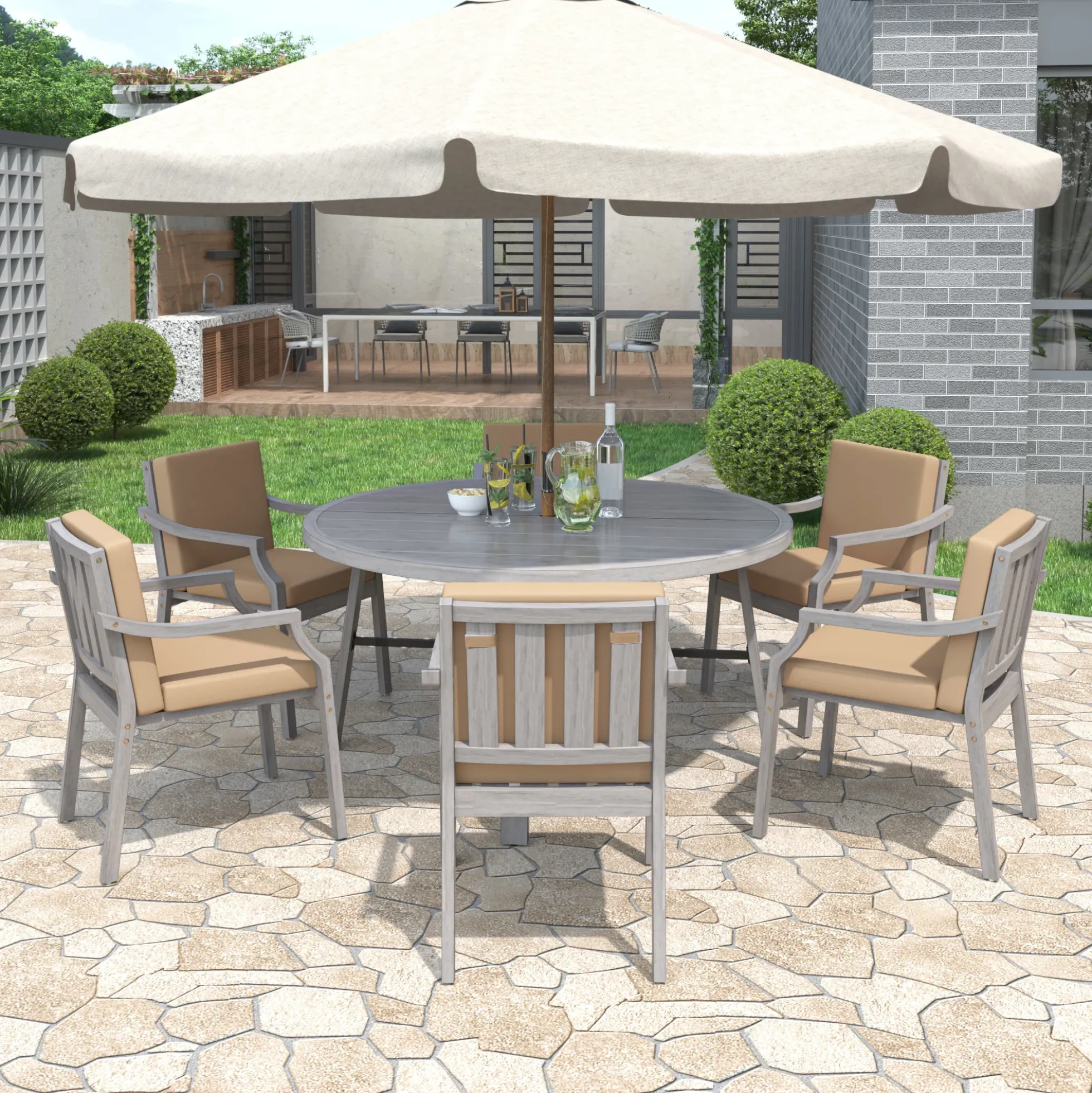 Antique Gray Acacia Wood Outdoor Dining Set 6-Person with Cushions