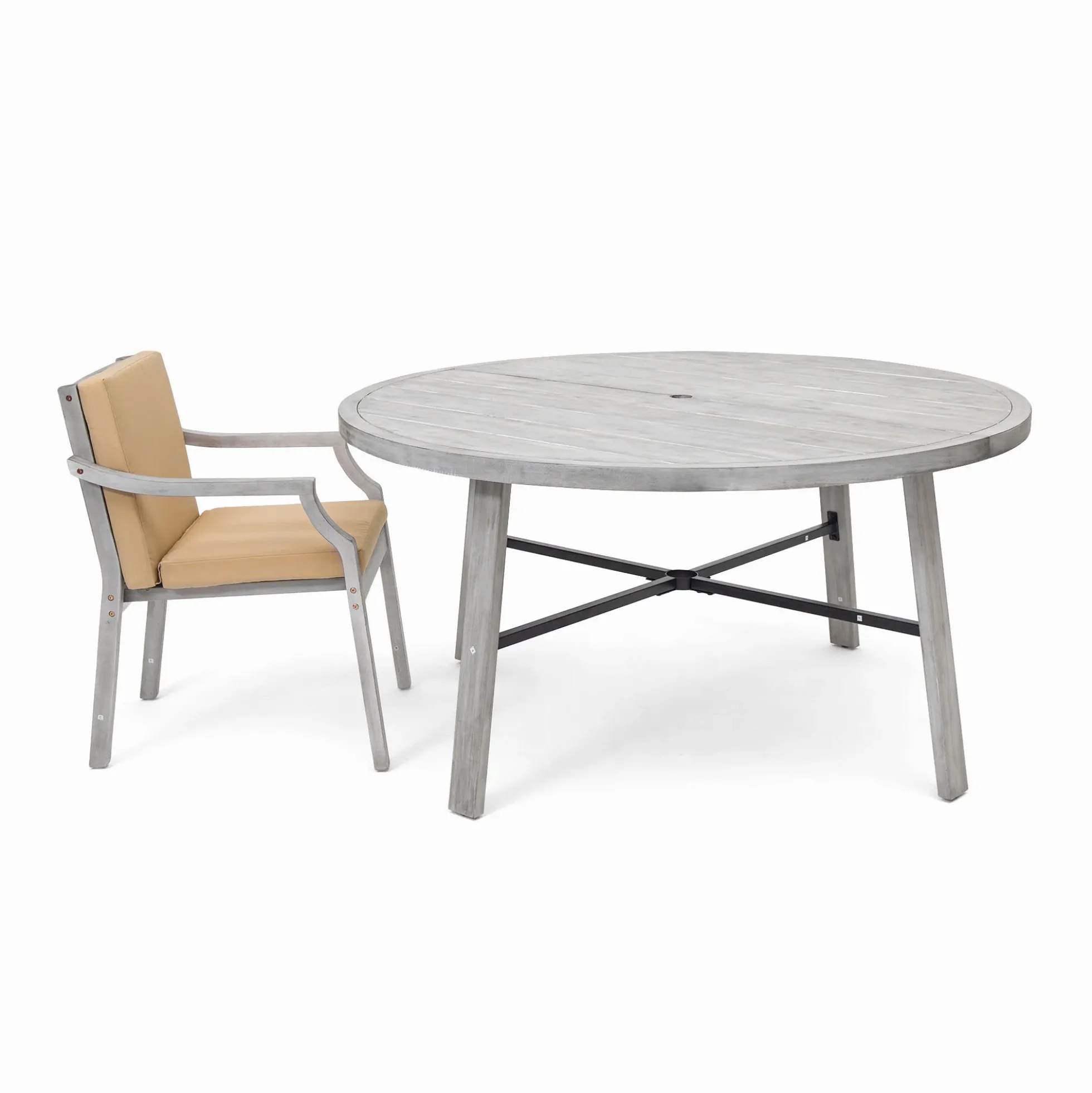 Antique Gray Acacia Wood Outdoor Dining Set 6-Person with Cushions