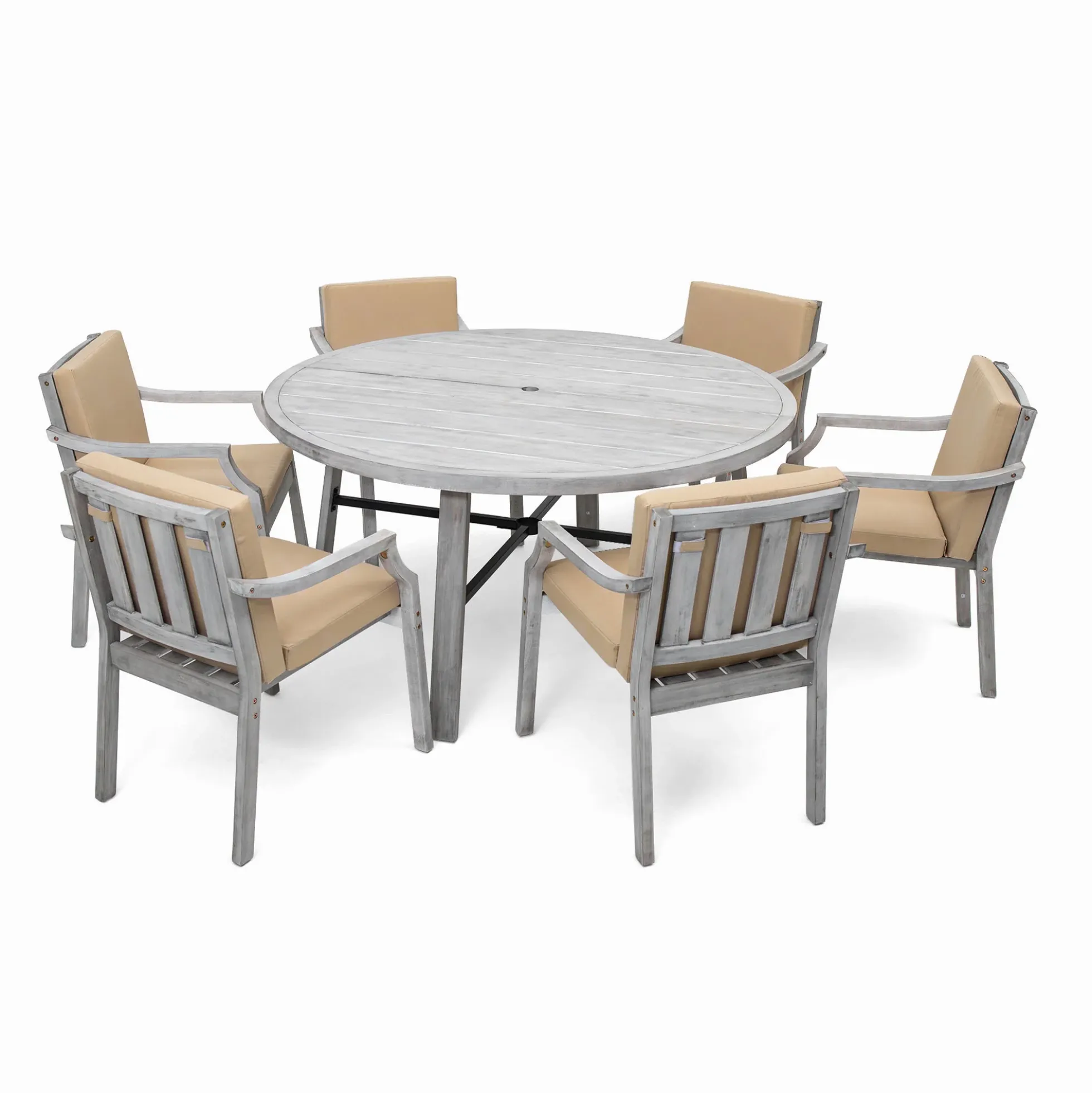 Antique Gray Acacia Wood Outdoor Dining Set 6-Person with Cushions