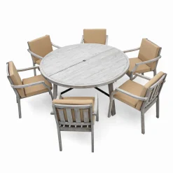 Antique Gray Acacia Wood Outdoor Dining Set 6-Person with Cushions