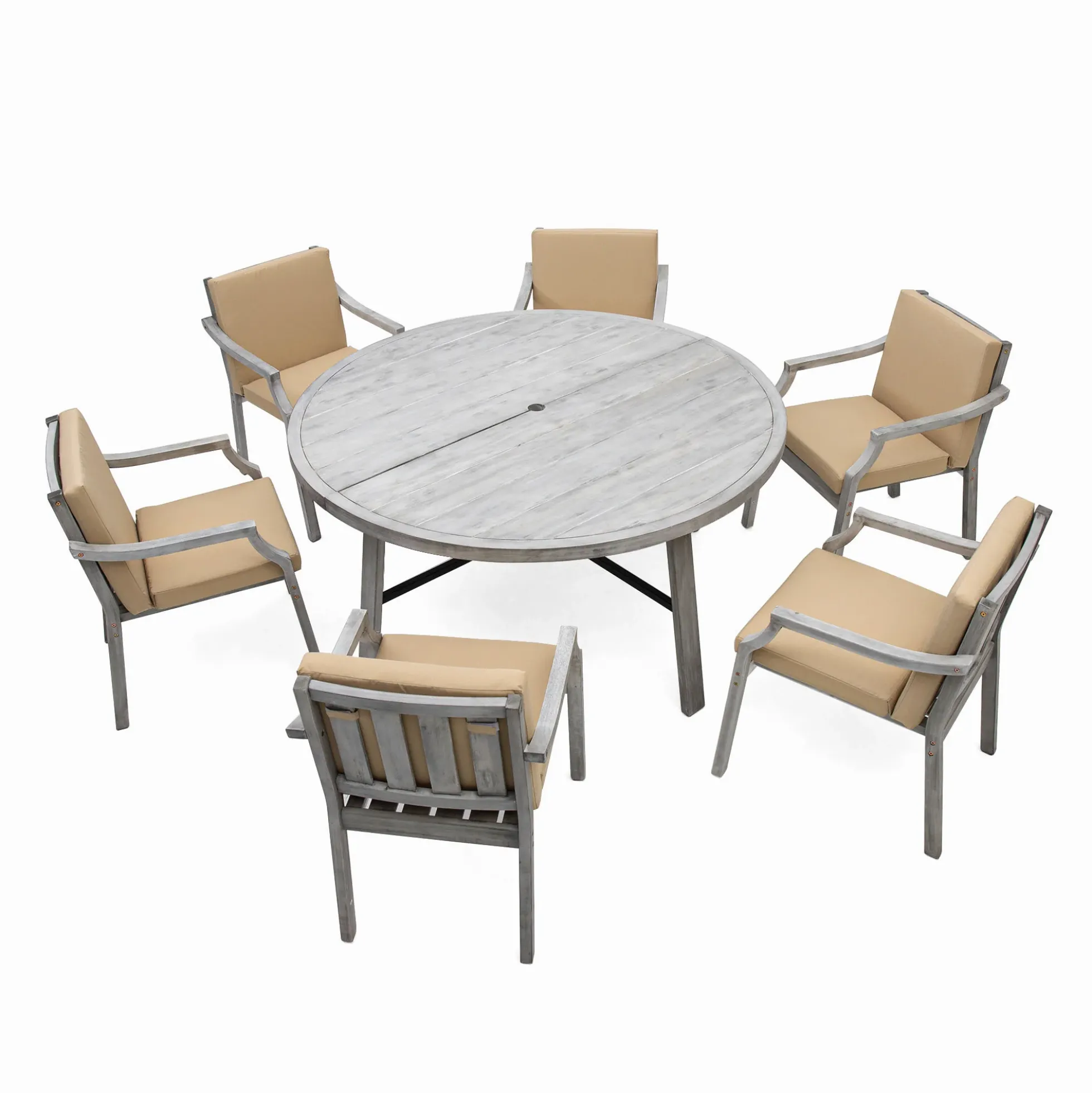 Antique Gray Acacia Wood Outdoor Dining Set 6-Person with Cushions