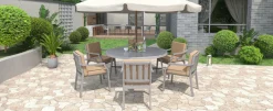 Antique Gray Acacia Wood Outdoor Dining Set 6-Person with Cushions