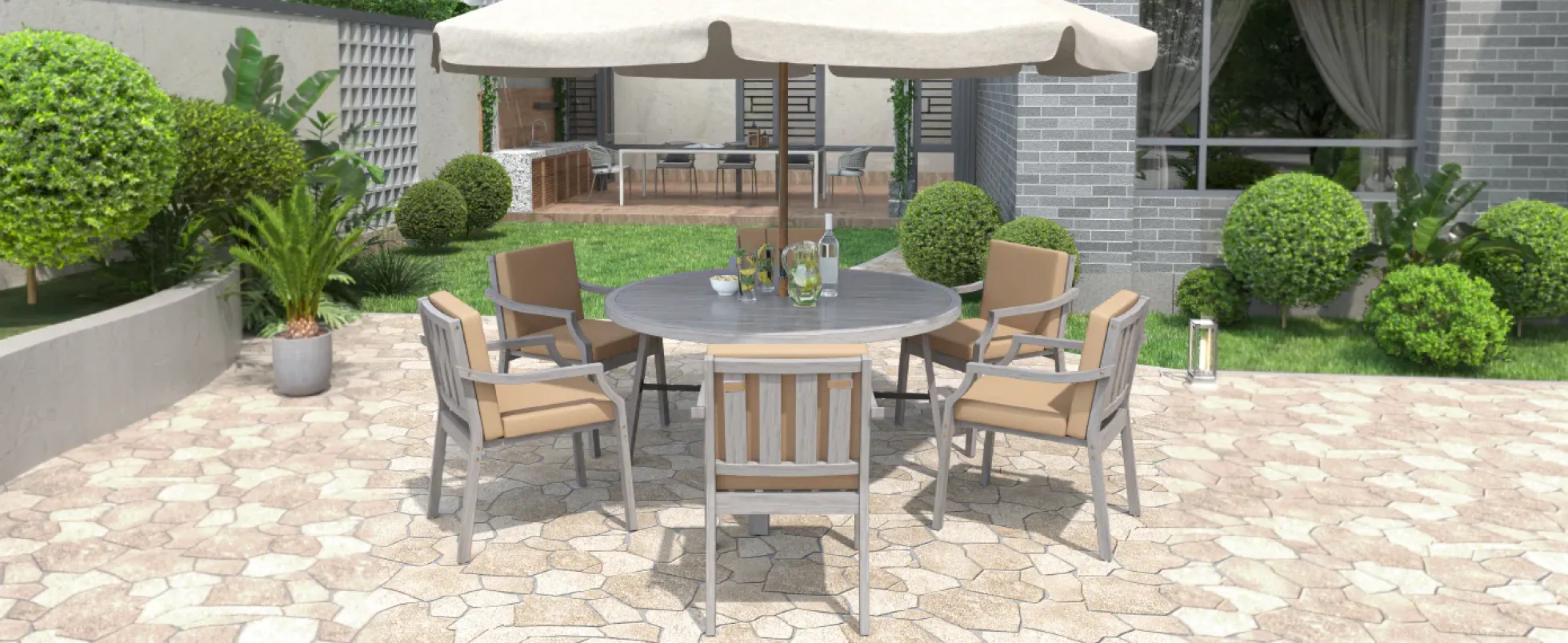 Antique Gray Acacia Wood Outdoor Dining Set 6-Person with Cushions