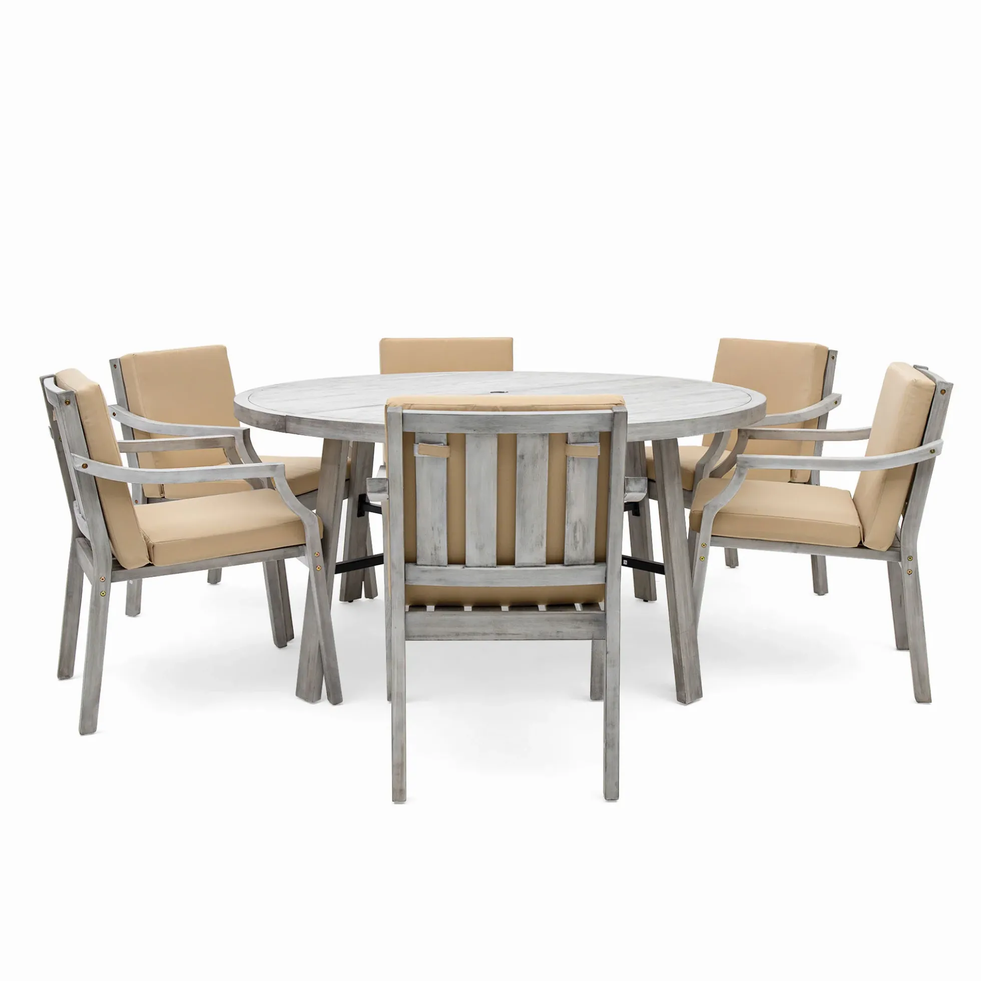 Antique Gray Acacia Wood Outdoor Dining Set 6-Person with Cushions