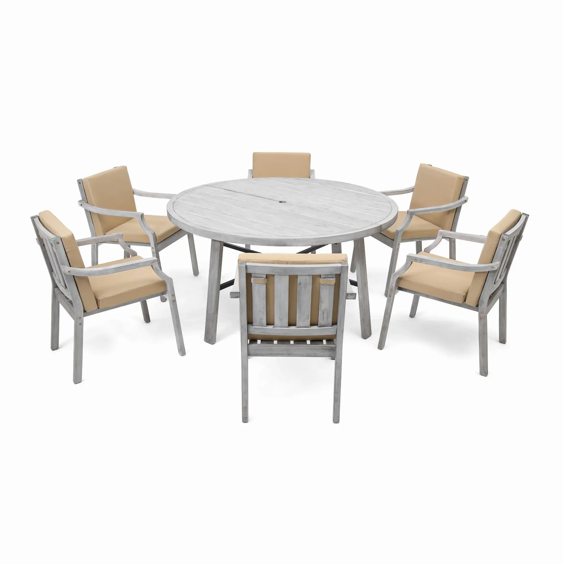 Antique Gray Acacia Wood Outdoor Dining Set 6-Person with Cushions