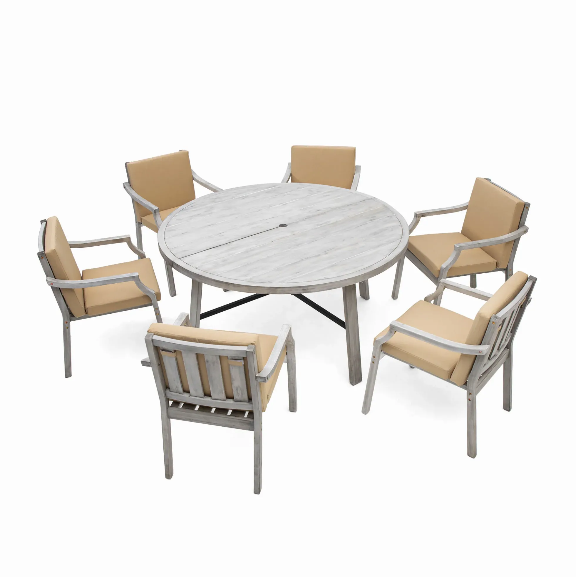 Antique Gray Acacia Wood Outdoor Dining Set 6-Person with Cushions