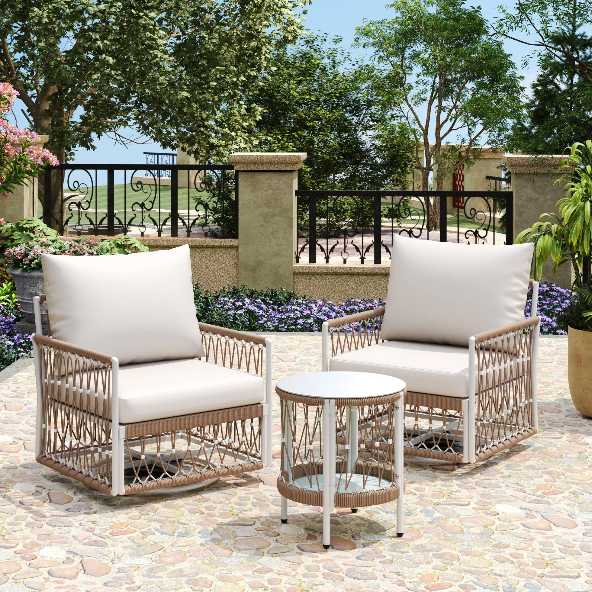 Bohemian Handwoven Rope 3-Piece Outdoor Patio Chat Set