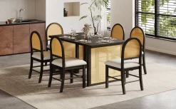 Boho Rattan 7-Piece Farmhouse Dining Table Set for 6
